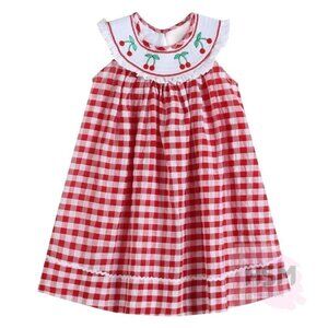 ❤️‍🔥Smocked Picnic Plaid Cherry Bishop Embroidery Red Dress 1522